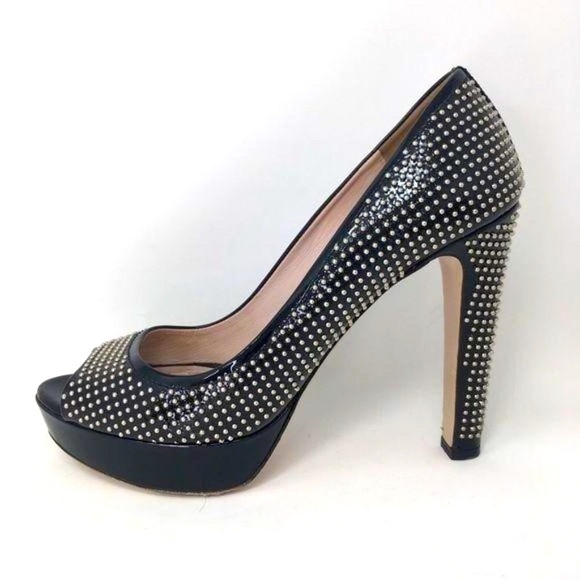 Miu Miu PRADA Shoes Heels Pumps Black Patent Studs Peep Toe Italy 39 - Picture 1 of 14